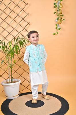 Off White Kurta Chudidar Aqua Green Jacket 2