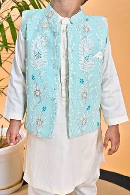 Off White Kurta Chudidar Aqua Green Jacket 5