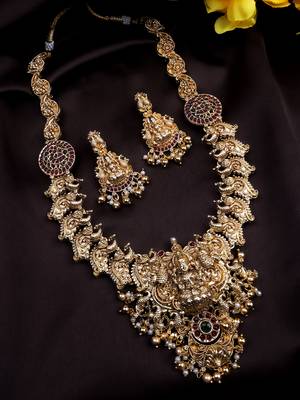 Gold plated red green kempu stone temple necklace set 1