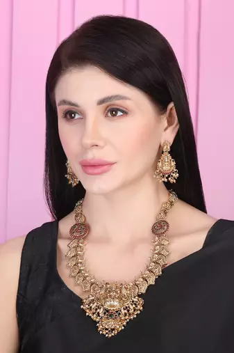 Gold plated red green kempu stone temple necklace set
