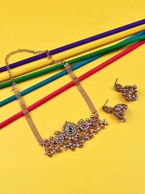 Gold plated sleek classy peacock chowker necklae set 1