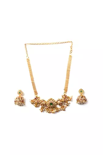 Gold plated sleek classy peacock chowker necklae set