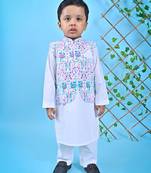 White Kurta Pant Printed Jacket