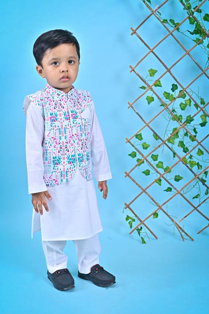 White Kurta Pant Printed Jacket
