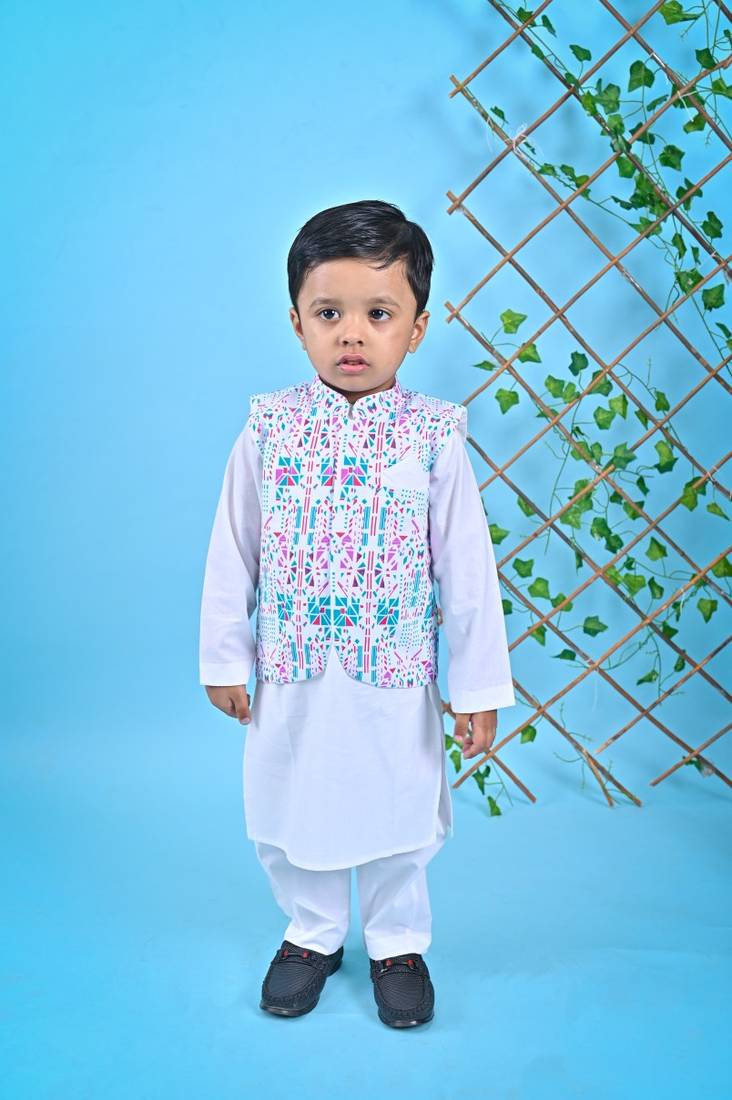 White Kurta Pant Printed Jacket
