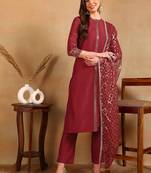 women red silk blend embroidered straight kurta pant with dupatta