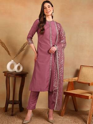 women pink silk blend embroidered straight kurta pant with dupatta 1