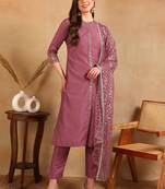 women pink silk blend embroidered straight kurta pant with dupatta
