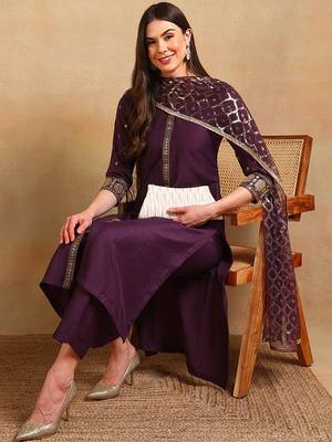 women purple silk blend embroidered straight kurta pant with dupatta 1