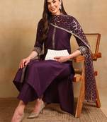 women purple silk blend embroidered straight kurta pant with dupatta