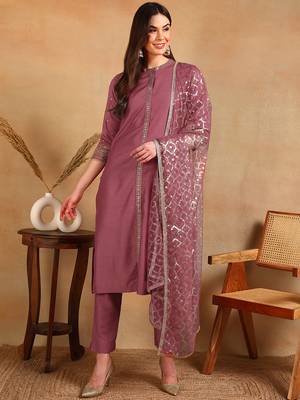 women pink silk blend embroidered straight kurta pant with dupatta 3