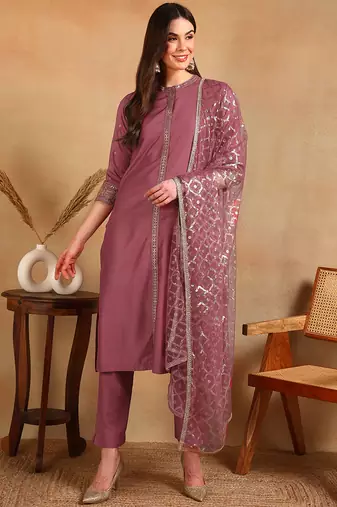 women pink silk blend embroidered straight kurta pant with dupatta