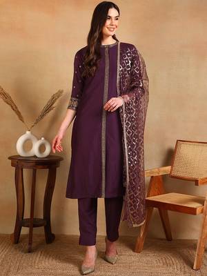 women purple silk blend embroidered straight kurta pant with dupatta 2