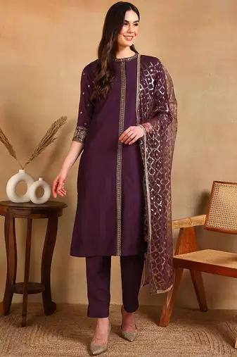 women purple silk blend embroidered straight kurta pant with dupatta