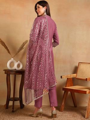 women pink silk blend embroidered straight kurta pant with dupatta 4