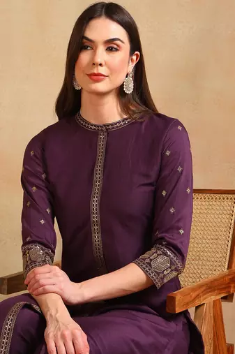 women purple silk blend embroidered straight kurta pant with dupatta
