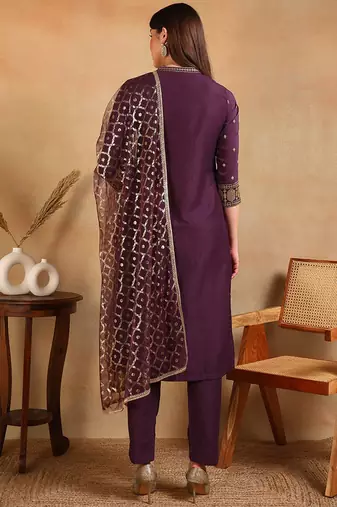 women purple silk blend embroidered straight kurta pant with dupatta