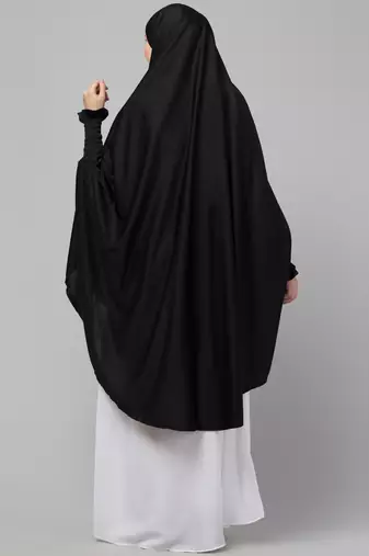 janab e aala stretchable jilbab hijab - printed calligraphy, black full sleeve, knee length