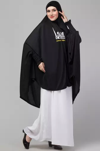 janab e aala stretchable jilbab hijab - printed calligraphy, black full sleeve, knee length
