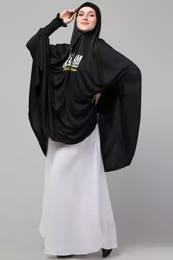 janab e aala stretchable jilbab hijab - printed calligraphy, black full sleeve, knee length
