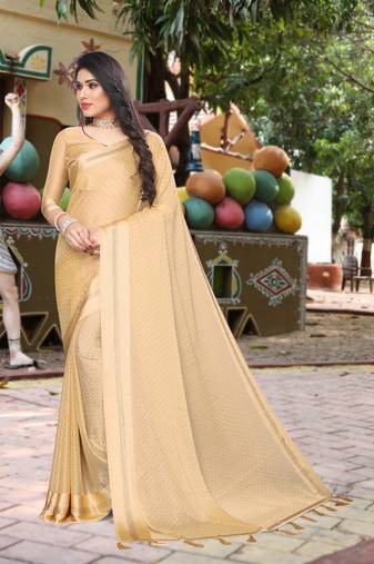 Beige Siroski Stone Tassel Pallu Work Satin Saree