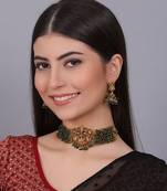 Gold plated laxmi green hydra beads choker set