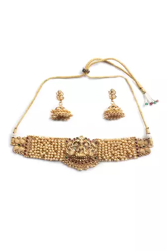 Gold plated laxmi white hydra beads choker set