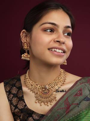 Unique gold plated gajanan white hydra beads necklace set 1