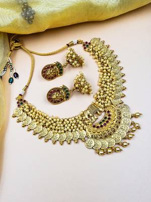 Unique gold plated gajanan white hydra beads necklace set 2