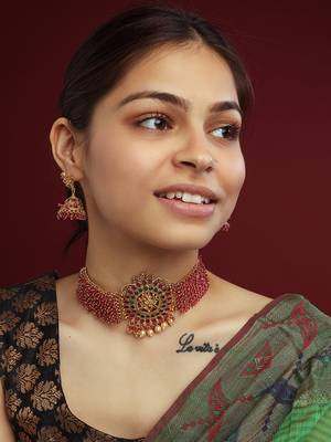 Gracious gold plated ganapati red hydra beads necklace set 1
