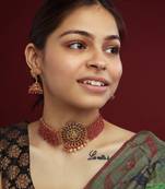 Gracious gold plated ganapati red hydra beads necklace set