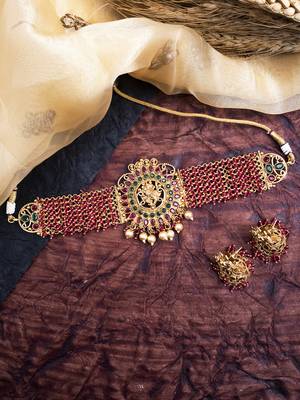Gracious gold plated ganapati red hydra beads necklace set 2