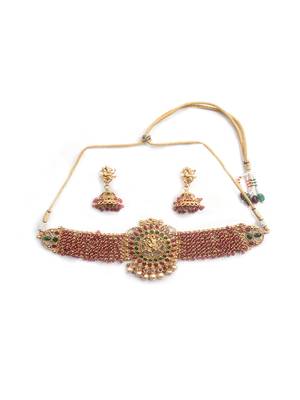 Gracious gold plated ganapati red hydra beads necklace set 3