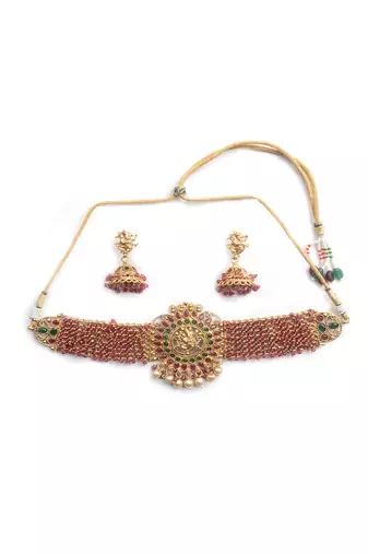 Gracious gold plated ganapati red hydra beads necklace set