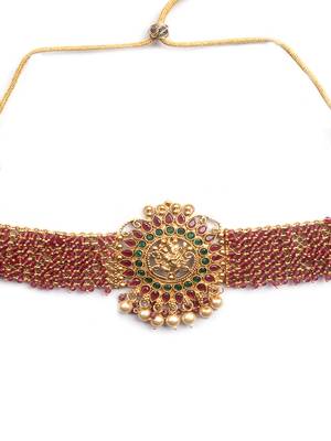 Gracious gold plated ganapati red hydra beads necklace set 4