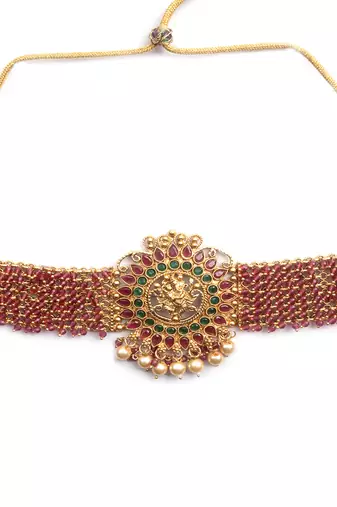 Gracious gold plated ganapati red hydra beads necklace set