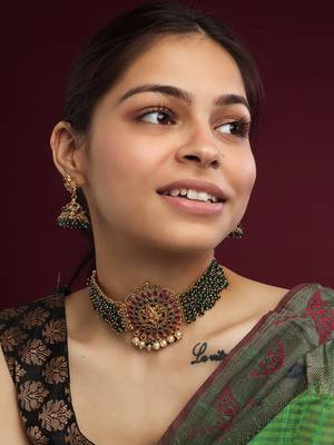 Gracious gold plated ganapati green hydra beads necklace set 1
