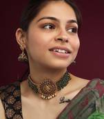 Gracious gold plated ganapati green hydra beads necklace set