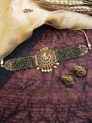 Gracious gold plated ganapati green hydra beads necklace set 2