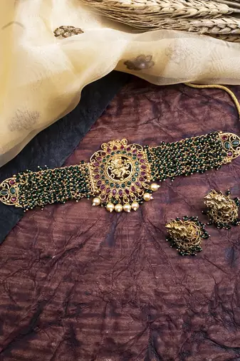 Gracious gold plated ganapati green hydra beads necklace set