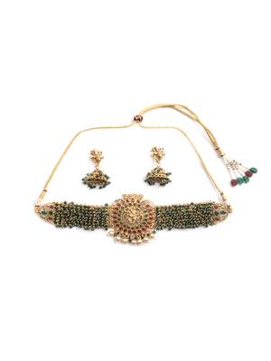 Gracious gold plated ganapati green hydra beads necklace set 3