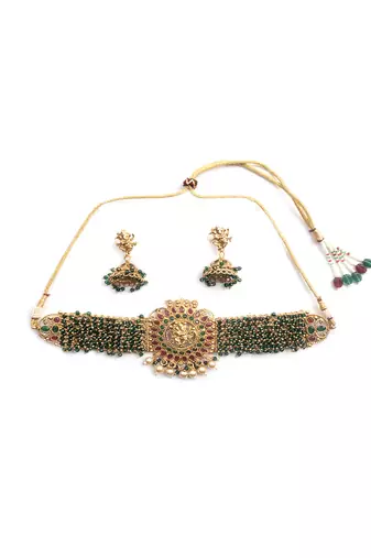 Gracious gold plated ganapati green hydra beads necklace set