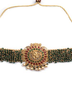 Gracious gold plated ganapati green hydra beads necklace set 4