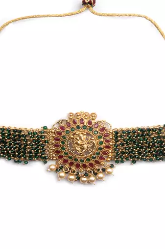 Gracious gold plated ganapati green hydra beads necklace set