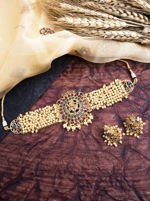 Gracious gold plated ganapati white hydra beads necklace set 2