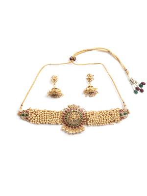 Gracious gold plated ganapati white hydra beads necklace set 3
