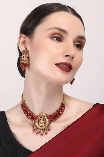 Exquisite red hydra beads laxmi temple necklace set