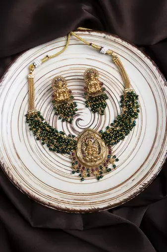 Exquisite green hydra beads laxmi temple necklace set