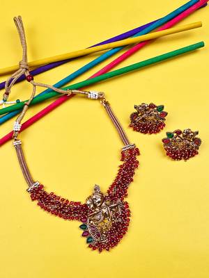 Luxurious temple radha krishna red hydra necklace set 2
