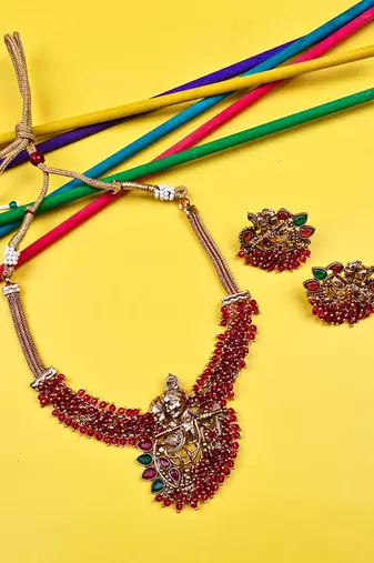 Luxurious temple radha krishna red hydra necklace set